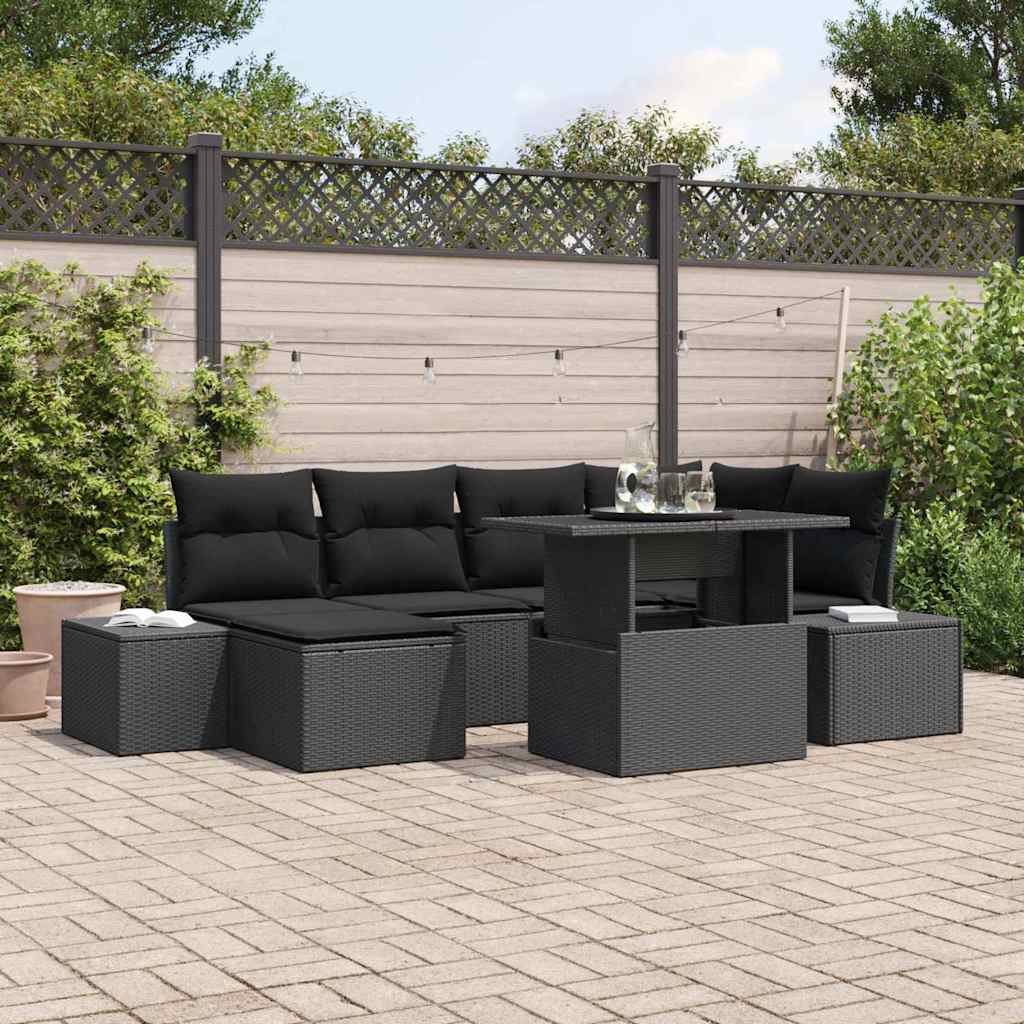 Garten-Sofa-Set mit Speicher 7 pcs Schwarz Poly Rattan
