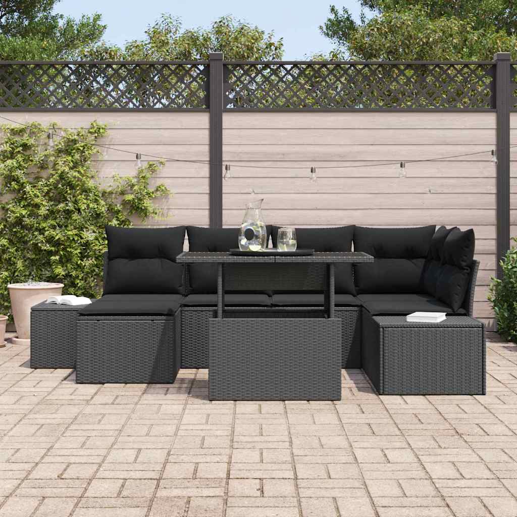 Garten-Sofa-Set mit Speicher 7 pcs Schwarz Poly Rattan