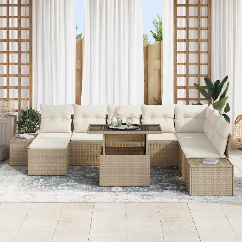 Garten-Sofa-Set mit Speicher 9 pcs Beige Poly Rattan