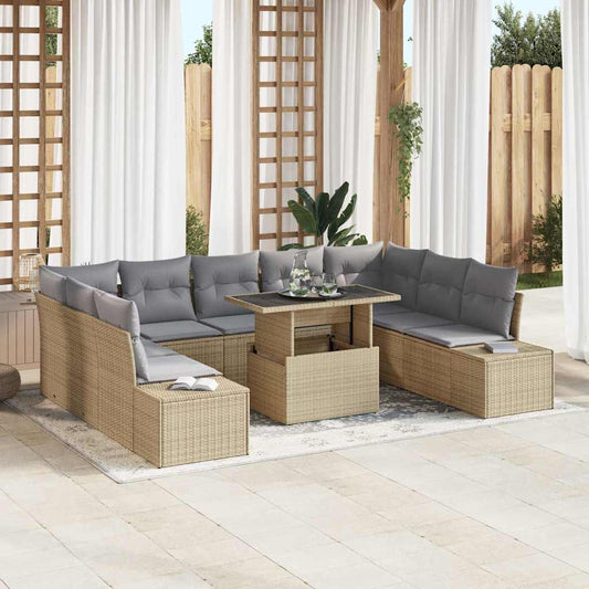Garten-Sofa-Set mit Speicher 10 pcs Beige Poly Rattan