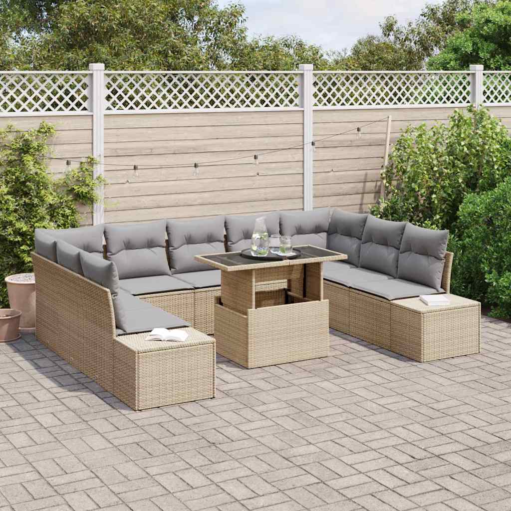 Garten-Sofa-Set mit Speicher 10 pcs Beige Poly Rattan