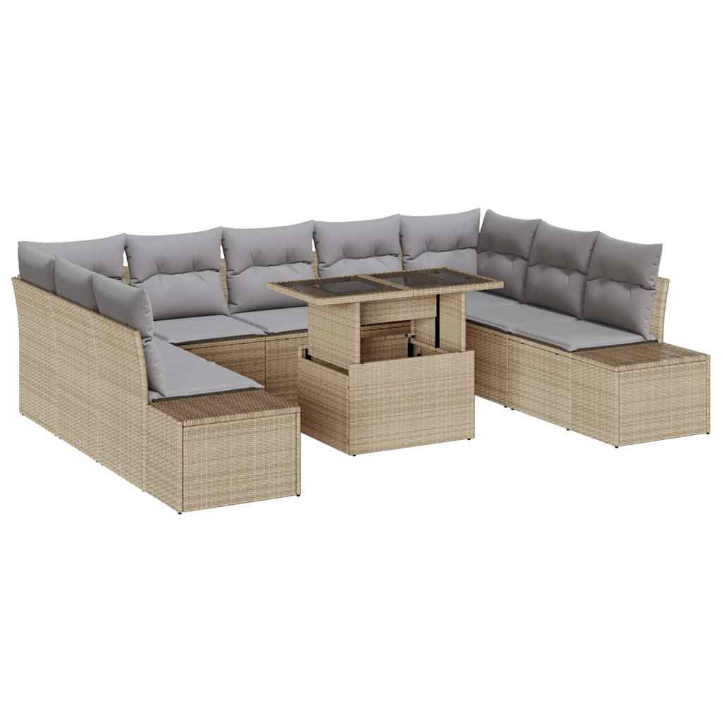Garten-Sofa-Set mit Speicher 10 pcs Beige Poly Rattan