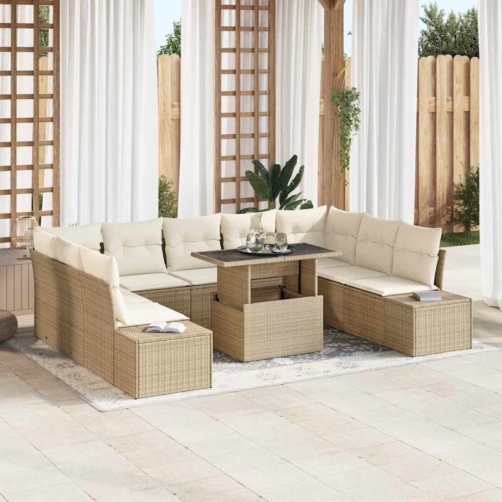 Garten-Sofa-Set mit Speicher 10 pcs Beige Poly Rattan