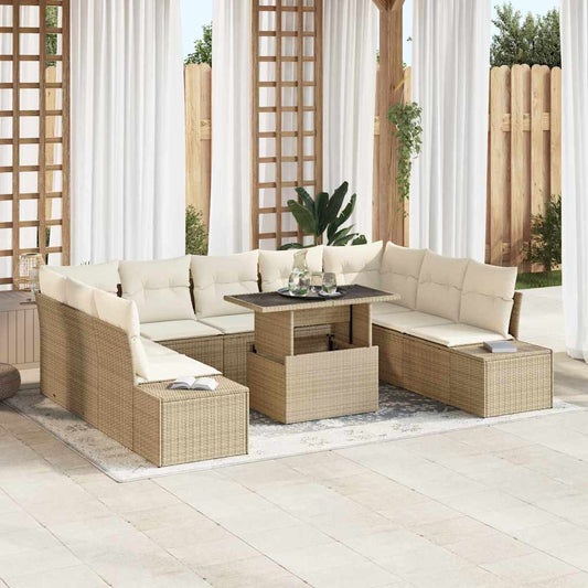 Garten-Sofa-Set mit Speicher 10 pcs Beige Poly Rattan