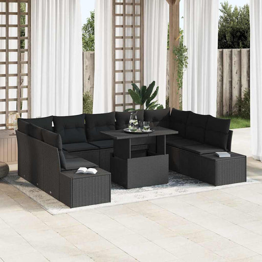Garten-Sofa-Set mit Speicher 10 pcs Schwarz Poly Rattan