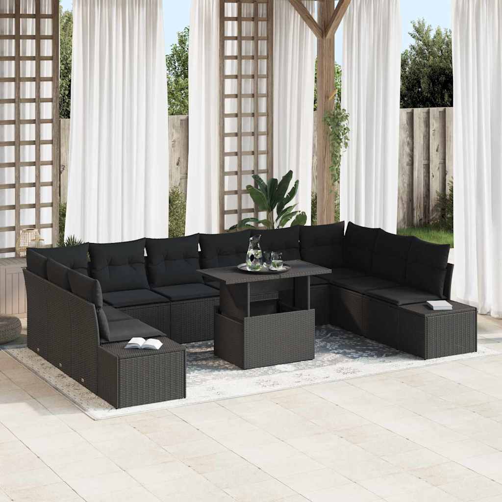 Garten-Sofa-Set mit Speicher 11 pcs Schwarz Poly Rattan