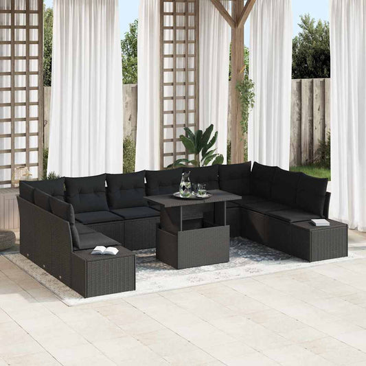 Garten-Sofa-Set mit Speicher 11 pcs Schwarz Poly Rattan