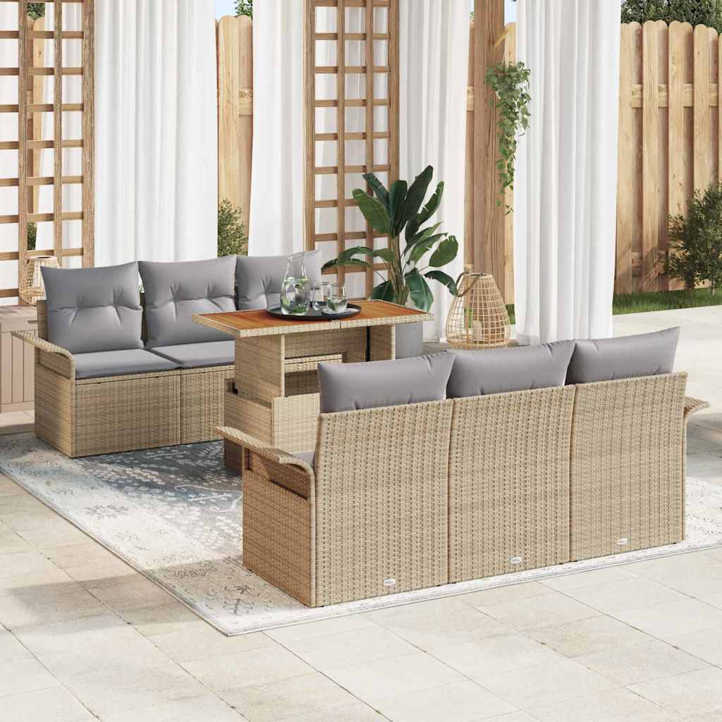 Garten-Sofa-Set mit Speicher 7 pcs Beige Poly Rattan