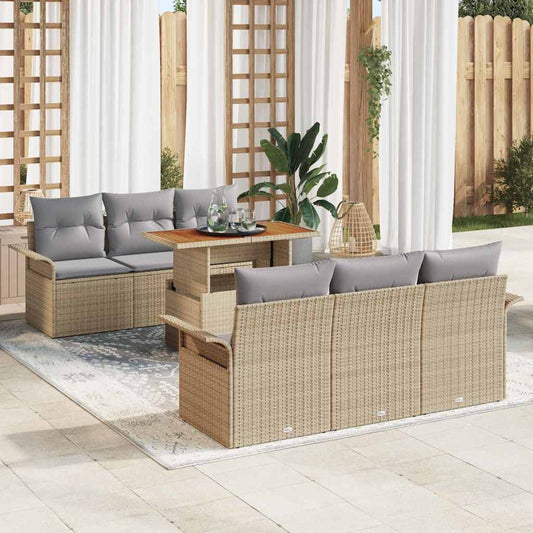 Garten-Sofa-Set mit Speicher 7 pcs Beige Poly Rattan