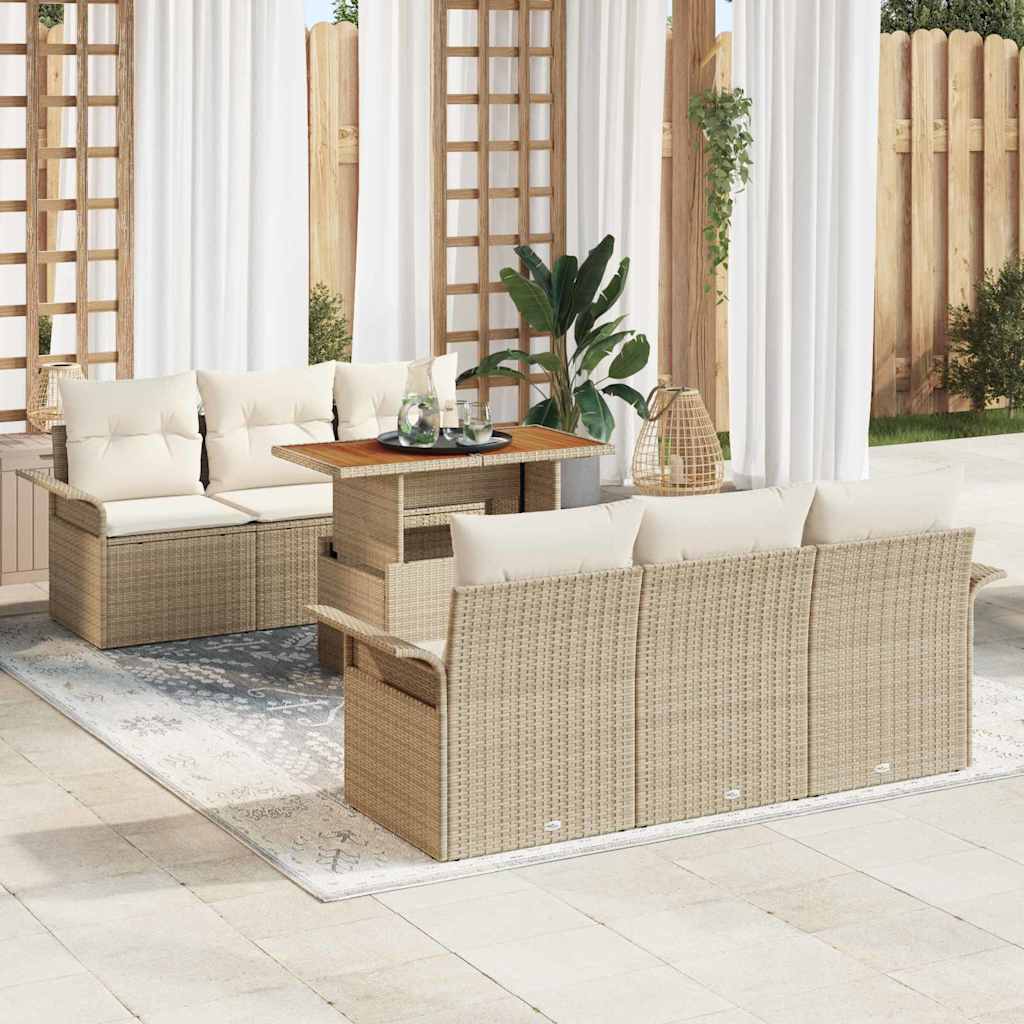 Garten-Sofa-Set mit Speicher 7 pcs Beige Poly Rattan