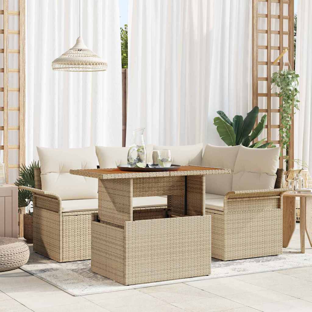 Garten-Sofa-Set mit Speicher 5 pcs Beige Poly Rattan