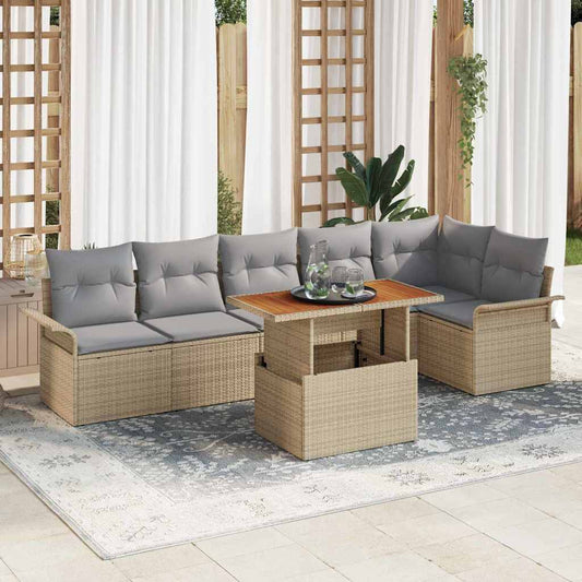 Garten-Sofa-Set mit Speicher 7 pcs Beige Poly Rattan