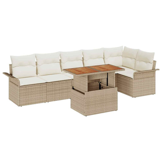Garten-Sofa-Set mit Speicher 7 pcs Beige Poly Rattan