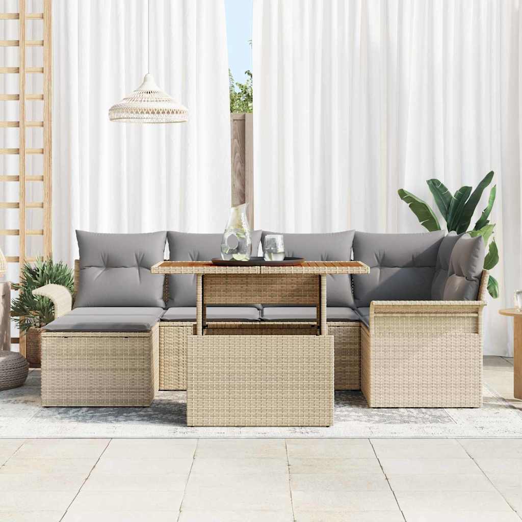 Garten-Sofa-Set mit Speicher 7 pcs Beige Poly Rattan