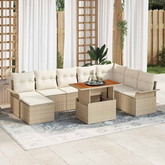 Garten-Sofa-Set mit Speicher 9 pcs Beige Poly Rattan