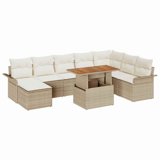Garten-Sofa-Set mit Speicher 9 pcs Beige Poly Rattan
