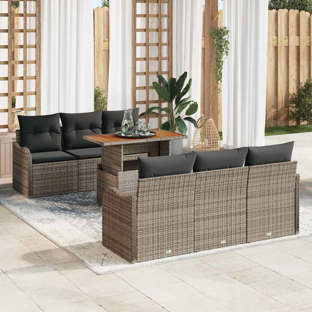 Garten-Sofa-Set mit Speicher 7 pcs Grau Poly Rattan