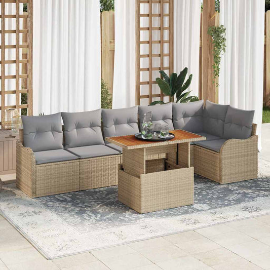 Garten-Sofa-Set mit Speicher 7 pcs Beige Poly Rattan