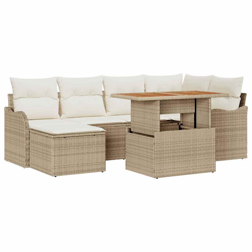Garten-Sofa-Set mit Speicher 7 pcs Beige Poly Rattan