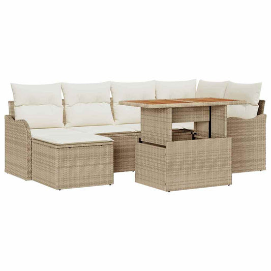 Garten-Sofa-Set mit Speicher 7 pcs Beige Poly Rattan