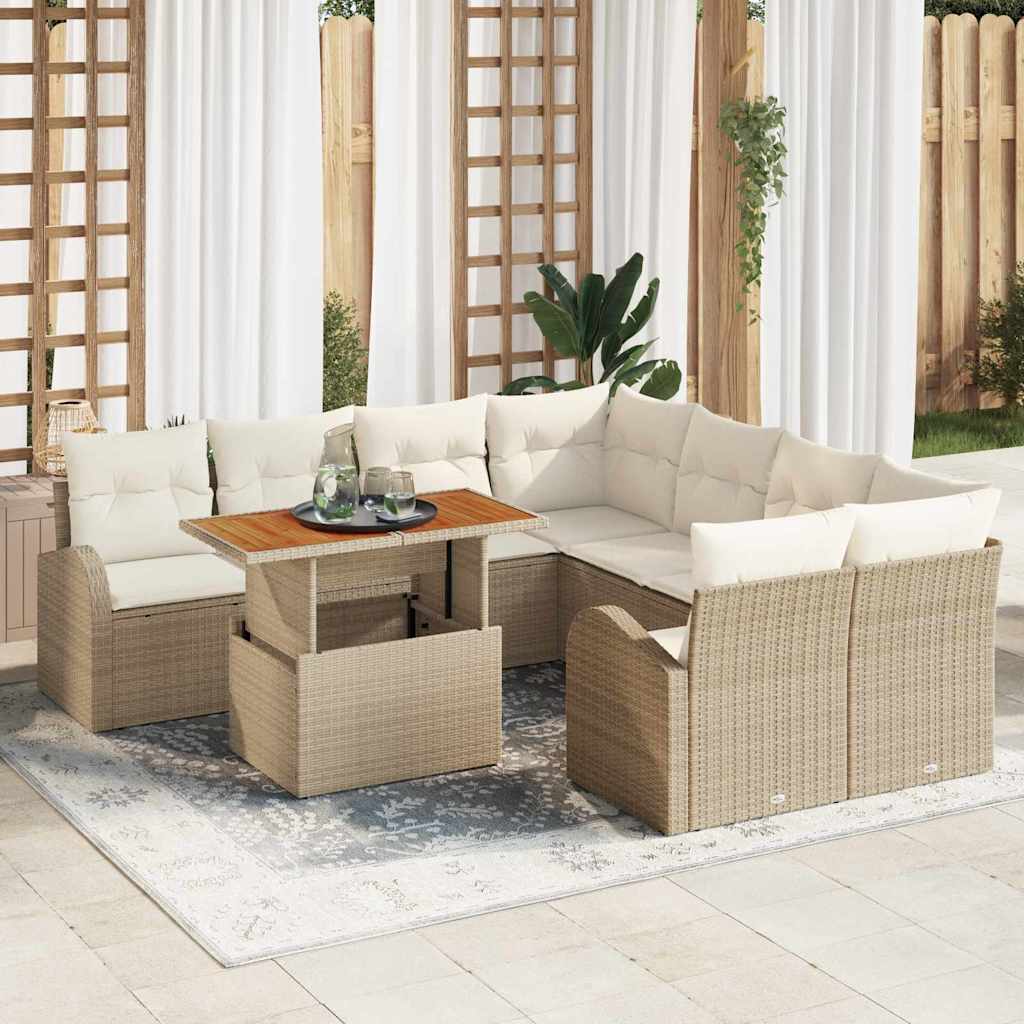 Garten-Sofa-Set mit Speicher 9 pcs Beige Poly Rattan