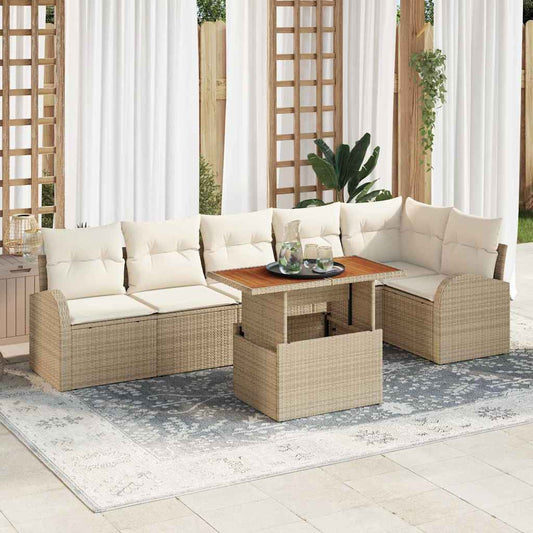 Garten-Sofa-Set mit Speicher 7 pcs Beige Poly Rattan