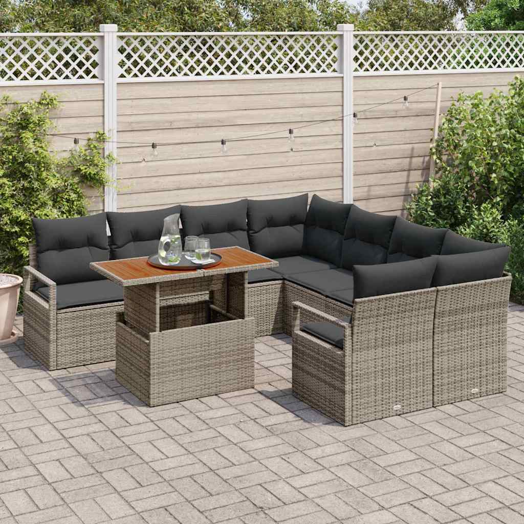 Garten-Sofa-Set mit Speicher 9 pcs Grau Poly Rattan