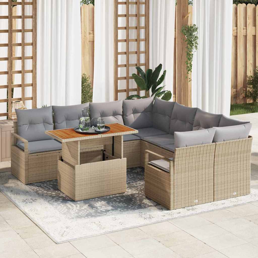 Garten-Sofa-Set mit Speicher 9 pcs Beige Poly Rattan