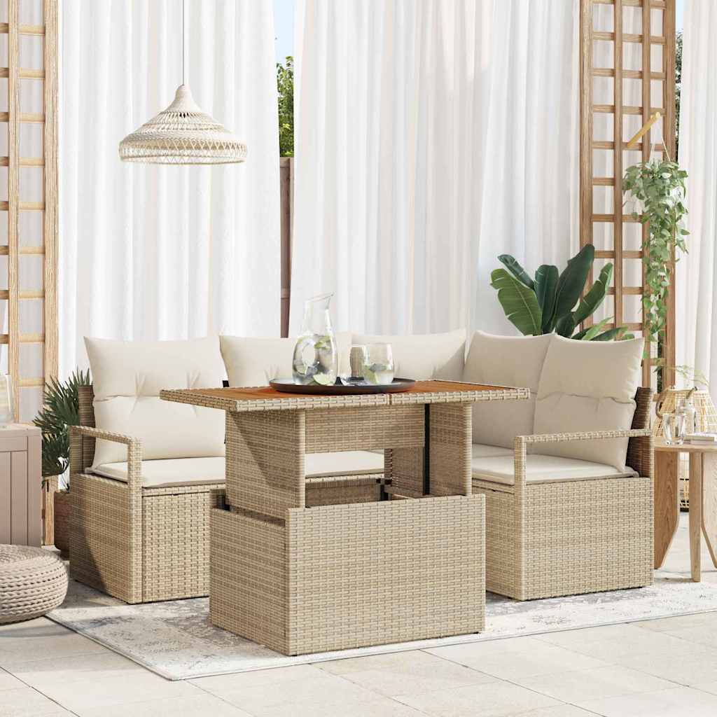 Garten-Sofa-Set mit Speicher 5 pcs Beige Poly Rattan