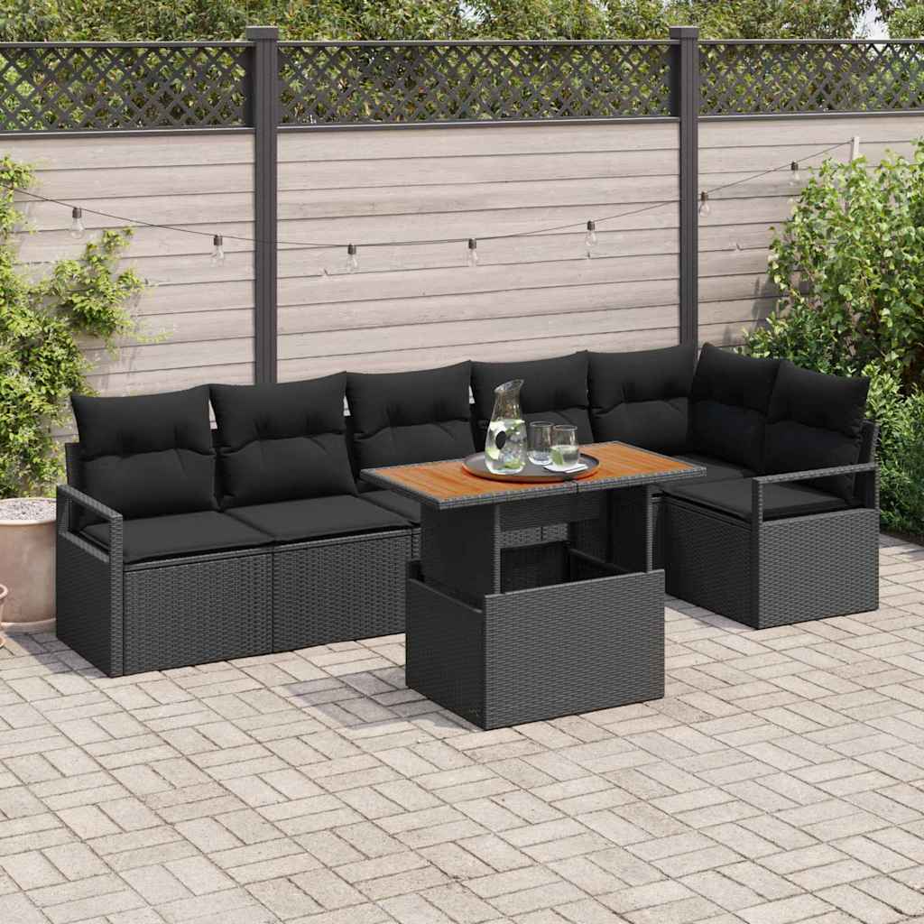 Garten-Sofa-Set mit Speicher 7 pcs Schwarz Poly Rattan