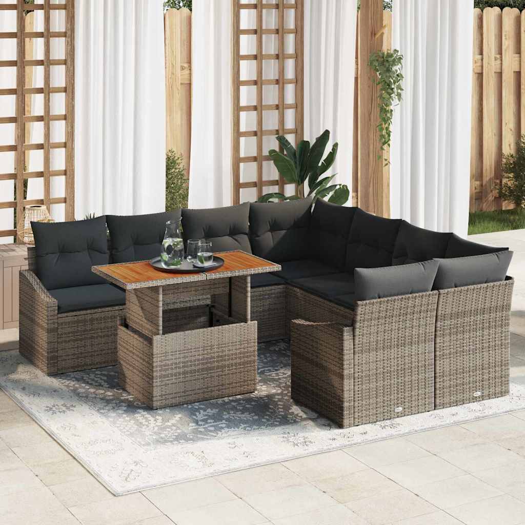 Garten-Sofa-Set mit Speicher 9 pcs Grau Poly Rattan