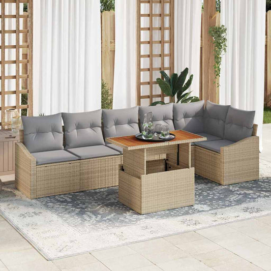 Garten-Sofa-Set mit Speicher 7 pcs Beige Poly Rattan