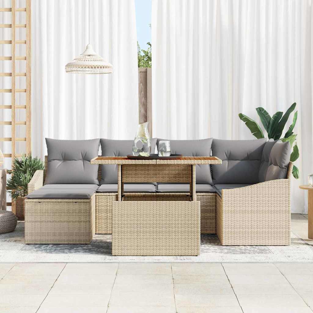 Garten-Sofa-Set mit Speicher 7 pcs Beige Poly Rattan