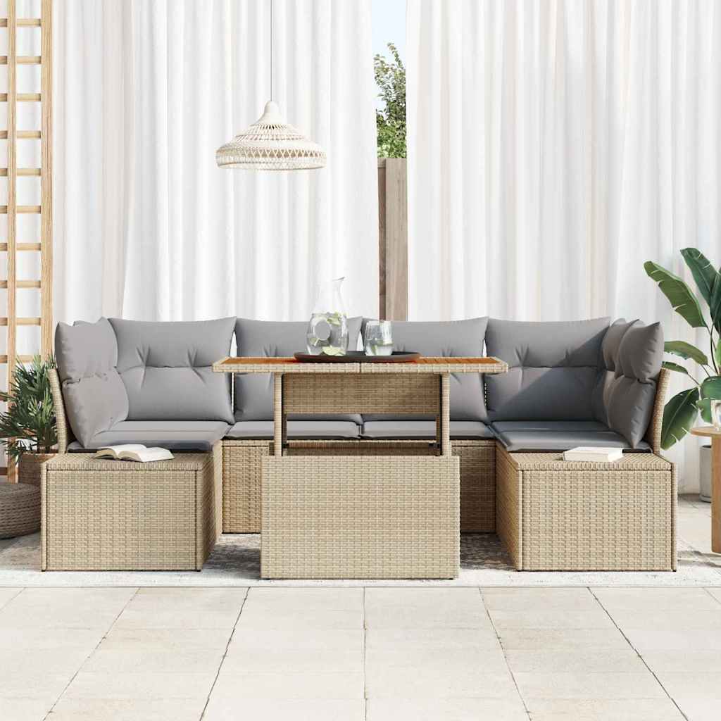 Garten-Sofa-Set mit Speicher 7 pcs Beige Poly Rattan