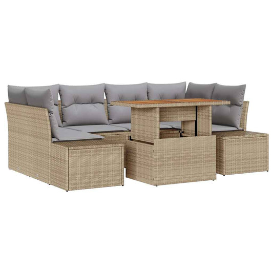 Garten-Sofa-Set mit Speicher 7 pcs Beige Poly Rattan