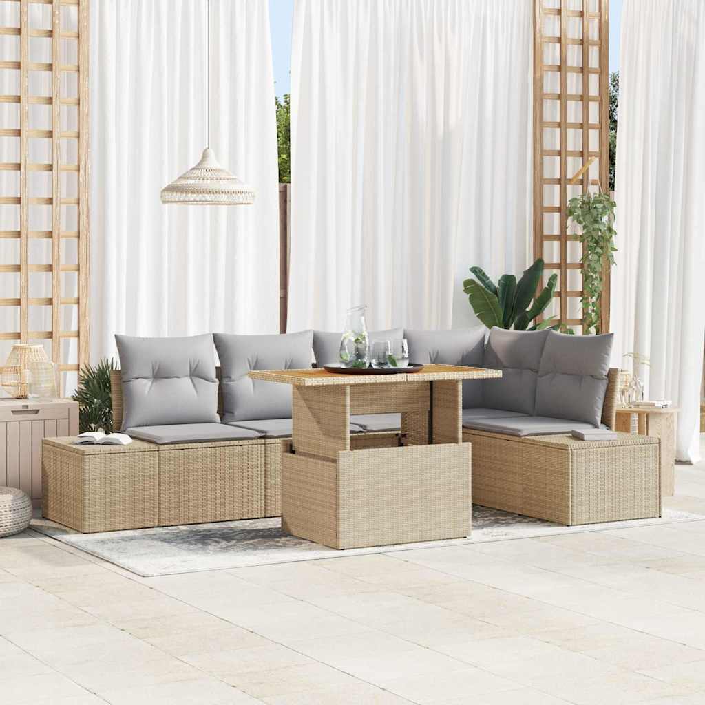 Garten-Sofa-Set mit Speicher 6 pcs Beige Poly Rattan
