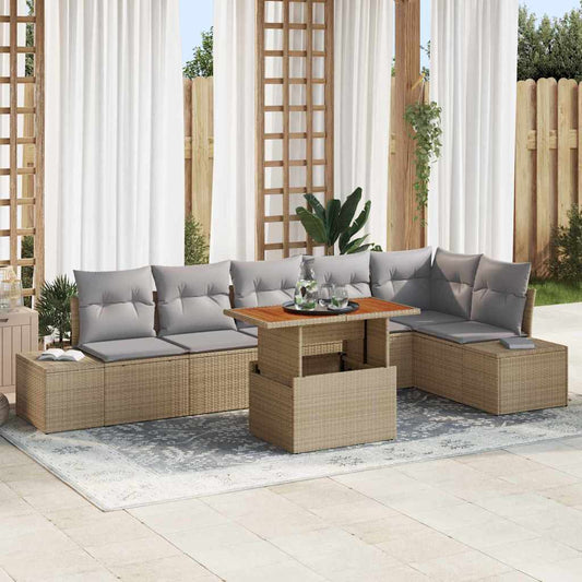Garten-Sofa-Set mit Speicher 7 pcs Beige Poly Rattan