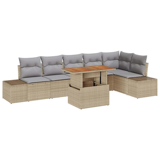 Garten-Sofa-Set mit Speicher 7 pcs Beige Poly Rattan