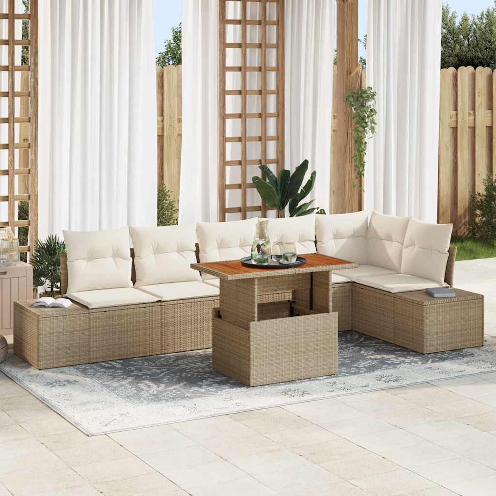 Garten-Sofa-Set mit Speicher 7 pcs Beige Poly Rattan