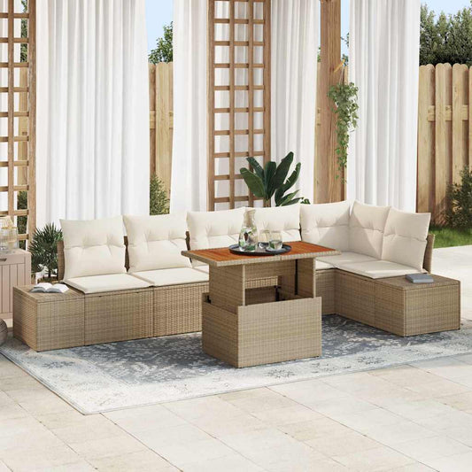 Garten-Sofa-Set mit Speicher 7 pcs Beige Poly Rattan