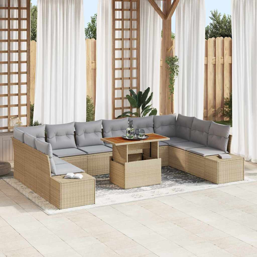 Garten-Sofa-Set mit Speicher 11 pcs Beige Poly Rattan