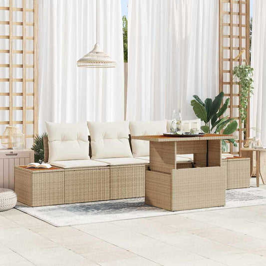 Garten-Sofa-Set mit Speicher 5 pcs Beige Poly Rattan