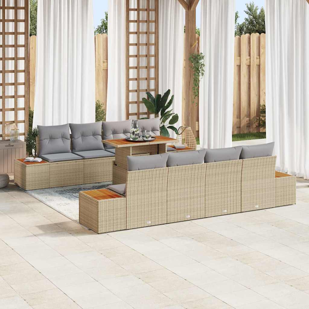 Garten-Sofa-Set mit Speicher 9 pcs Beige Poly Rattan