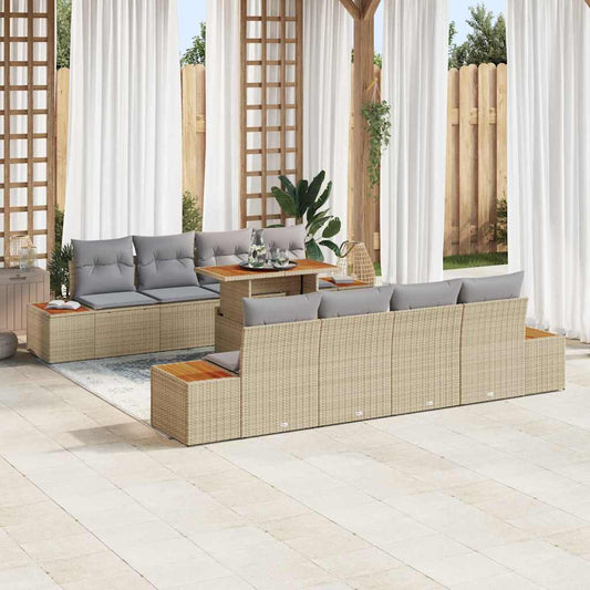 Garten-Sofa-Set mit Speicher 9 pcs Beige Poly Rattan