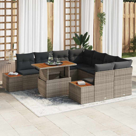 Garten-Sofa-Set mit Speicher 9 pcs Grau Poly Rattan