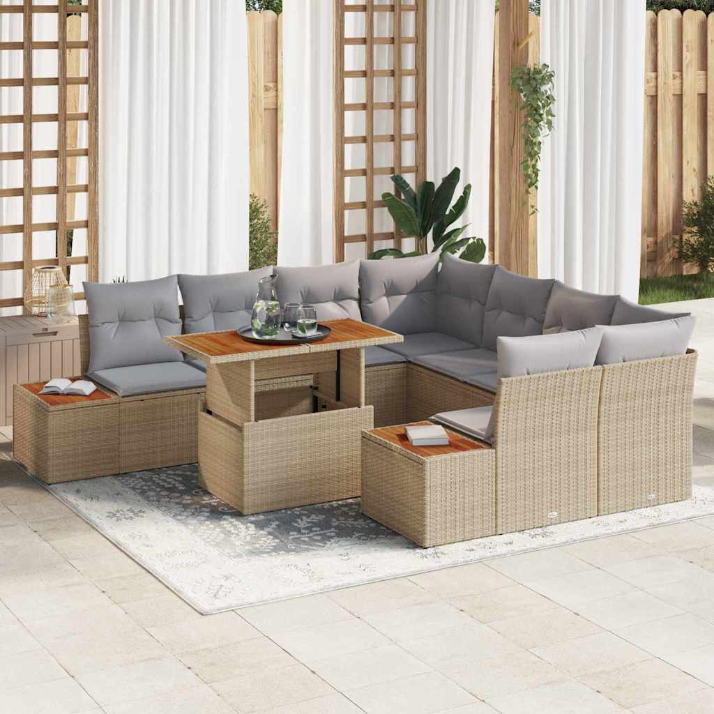 Garten-Sofa-Set mit Speicher 9 pcs Beige Poly Rattan