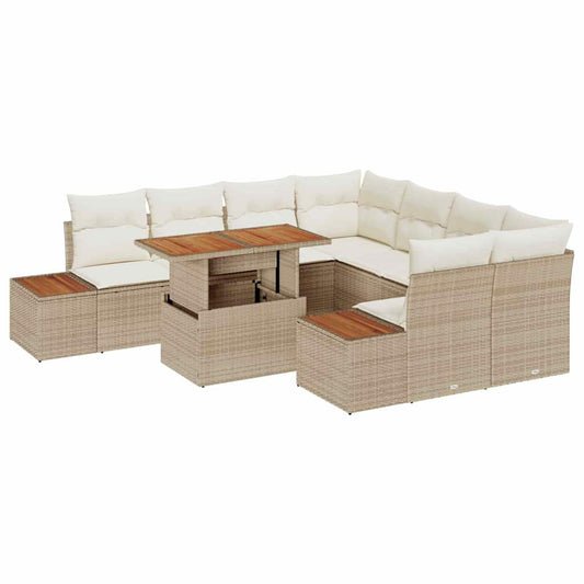 Garten-Sofa-Set mit Speicher 9 pcs Beige Poly Rattan