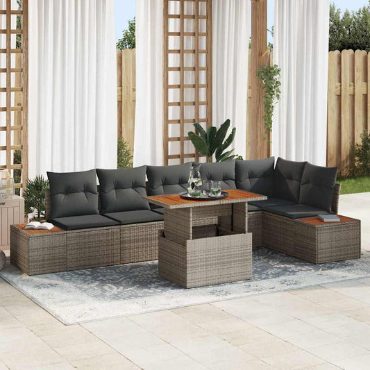 Garten-Sofa-Set mit Speicher 7 pcs Grau Poly Rattan