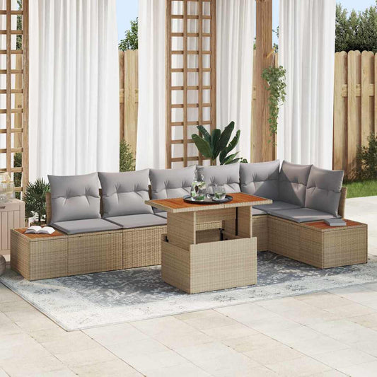 Garten-Sofa-Set mit Speicher 7 pcs Beige Poly Rattan