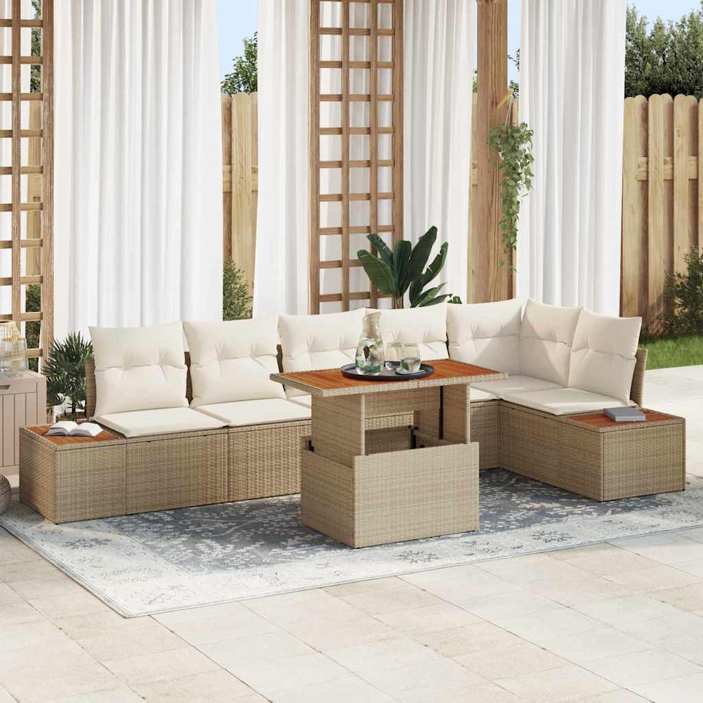 Garten-Sofa-Set mit Speicher 7 pcs Beige Poly Rattan